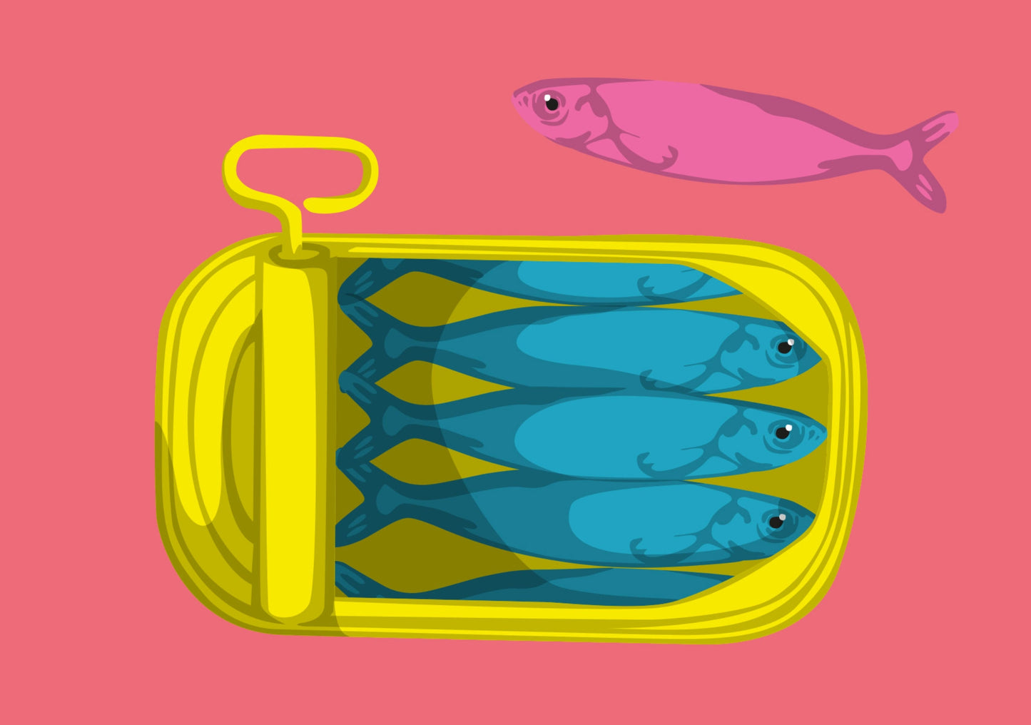 Anchovies Postcard by Nobis Design featuring an illustration of an open yellow fish can filled blue anchovies with one pink fish on a bright pink background.