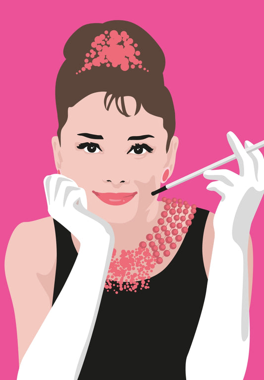 Breakfast at Tiffany's Postcard by Nobis Design featuring a stylized illustration of Audrey Hepburn in a black dress with white gloves, set against a solid pink background.