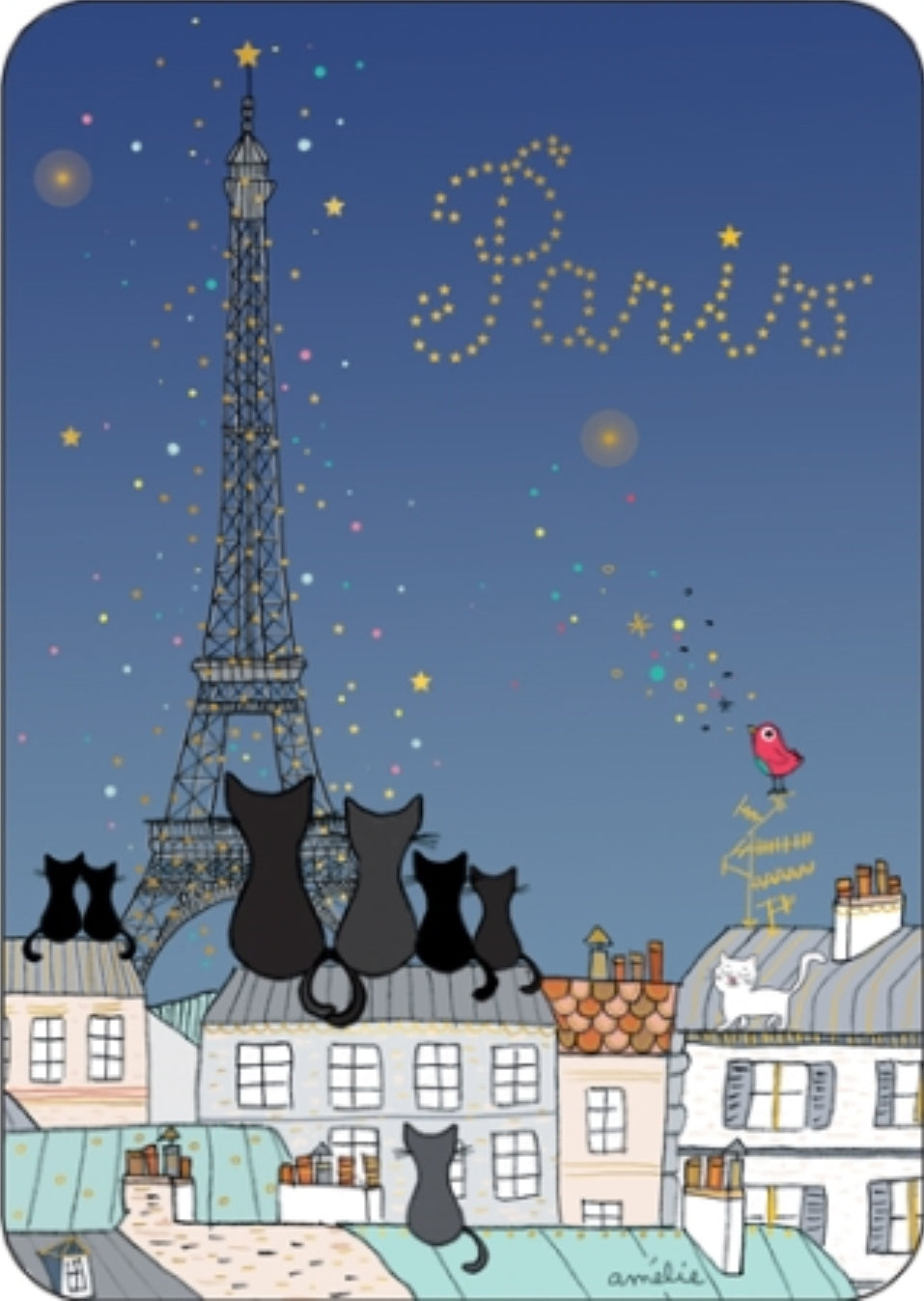Paris Rooftops at Night Cats Postcard by Cartes d'Art with foil details