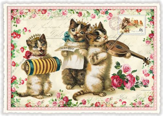Edition Tausendschön Music Making Cats postcard featuring a vintage-style illustration of kittens playing musical instruments with floral and decorative elements.