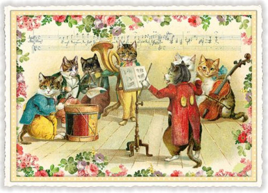 Edition Tausendschön Cat postcard featuring an illustration of cats playing musical instruments with sheet music and flowers.