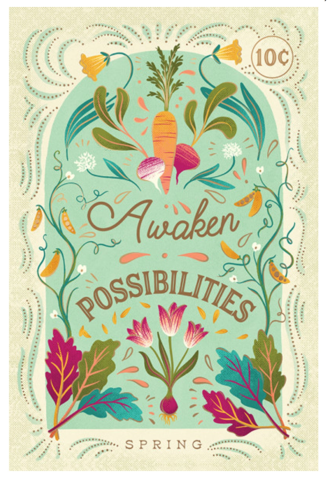 Seasons Mantra - Spring postcard by Lantern Press featuring a spring-themed illustrated postcard with the words 'Awaken Possibilities' and 'SPRING' at the bottom. The design features a mint arch with a carrot, radishes, flowers, and leafy vegetables in pastel and bright tones on a warm cream background.