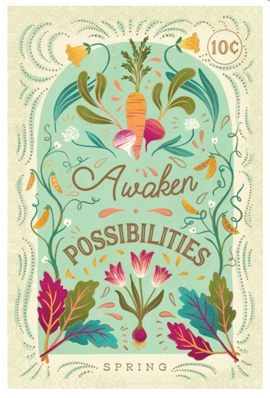 Seasons Mantra - Spring postcard by Lantern Press featuring a spring-themed illustrated postcard with the words 'Awaken Possibilities' and 'SPRING' at the bottom. The design features a mint arch with a carrot, radishes, flowers, and leafy vegetables in pastel and bright tones on a warm cream background.