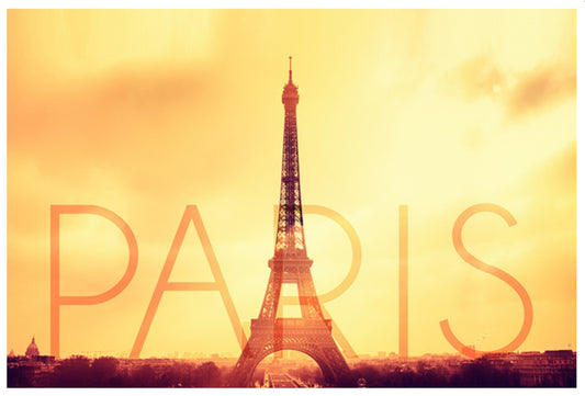 Lantern Press Eiffel Tower postcard with 'PARIS' text against a yellow sky