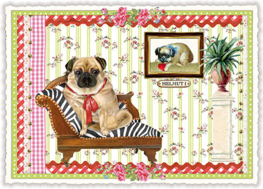 Edition Tausendschön Postcard with a pug dog on a striped chair with decorative background