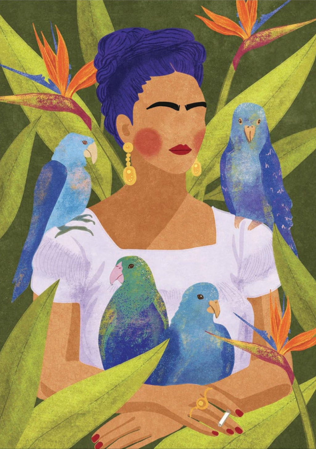 Frida and Birds Postcard by Raissa Oltmanns featuring an illustration of Frida and colorful parrots surrounded by tropical plants