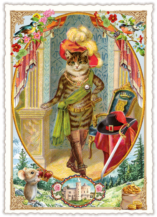 Fairy Tale Edition - Puss in Boots Postcard by Edition Tausendschön featuring a vintage-style illustration of a cat in a suit with decorative elements and a castle in the background.