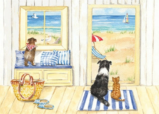 Dogs and Cat at the Beach Postcard by Carola Pabst - Edition Gollong  featuring an illustration of dogs and a cat looking out windows at a beach scene.
