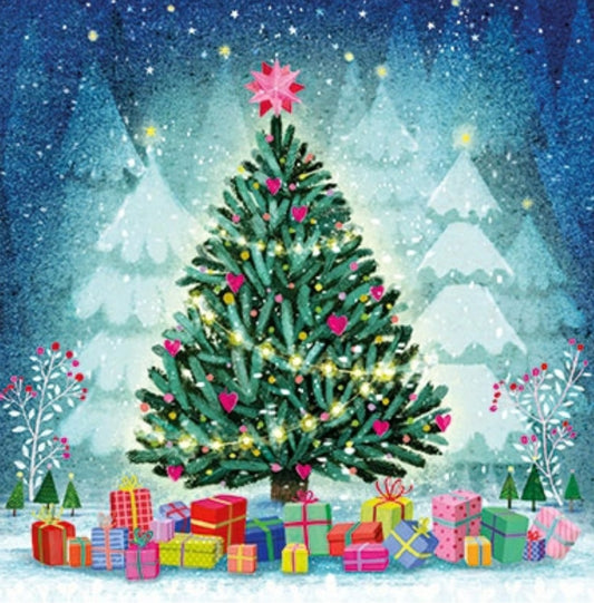Christmas Tree Postcard by Mila Marquis - Edition Gollong with glitter details showing a decorated Christmas tree with presents in a snowy landscape
