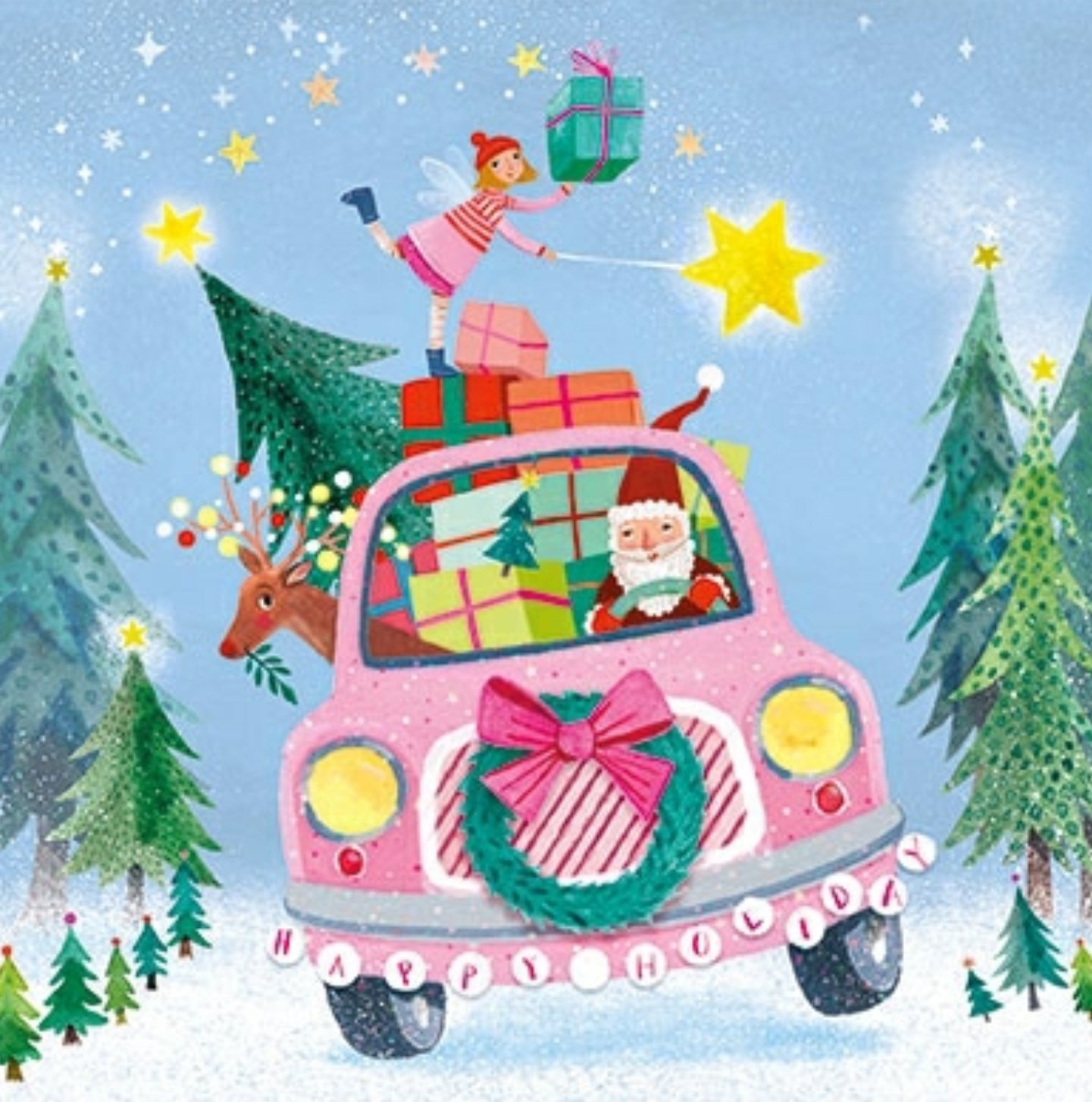 Santa Claus Christmas Postcard by Mila Marquis - Edition Gollong with glitter details featuring Santa driving a pink car with a reindeer and gifts, surrounded by Christmas trees and stars.