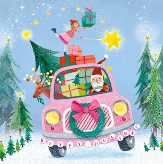 Santa Claus Christmas Postcard by Mila Marquis - Edition Gollong with glitter details featuring Santa driving a pink car with a reindeer and gifts, surrounded by Christmas trees and stars.