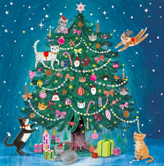 Christmas Tree with Cats Postcard by Mila Marquis - Edition Gollong featuring a decorated Christmas tree with various ornaments and cats on a blue snowy background