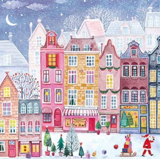 Christmas City Postcard by Mila Marquis - Edition Gollong featuring a colorful winter village scene with houses and Santa Claus.