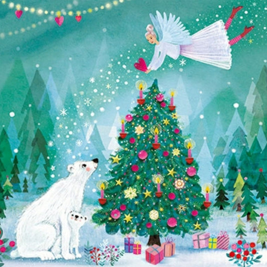 Christmas Postcard by Mila Marquis - Edition Gollong featuring an illustration of a decorated Christmas tree with polar bears and an angel.