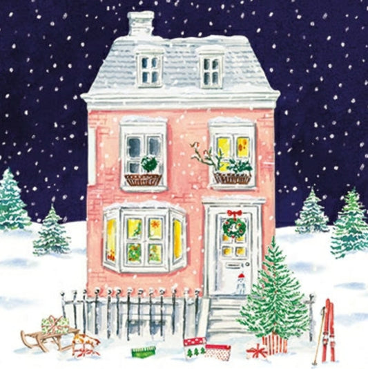 Christmas House Postcard by Carola Pabst - Edition Gollong featuring an illustration of a pink house with festive decorations on a snowy night.