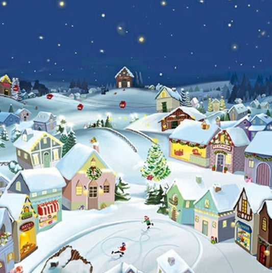 Winter Village Postcard by Sabina Comizzi - Edition Gollong featuring an illustration of a snowy village with colorful houses, ice skaters and a night sky.