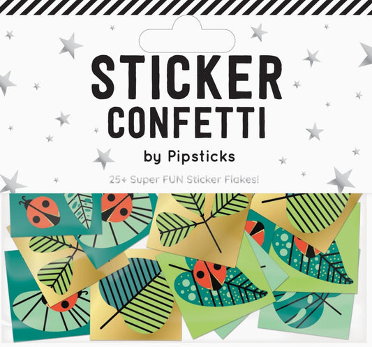 Packaging of Sticker Confetti by Pipsticks with colorful stickers featuring ladybugs and leaves.