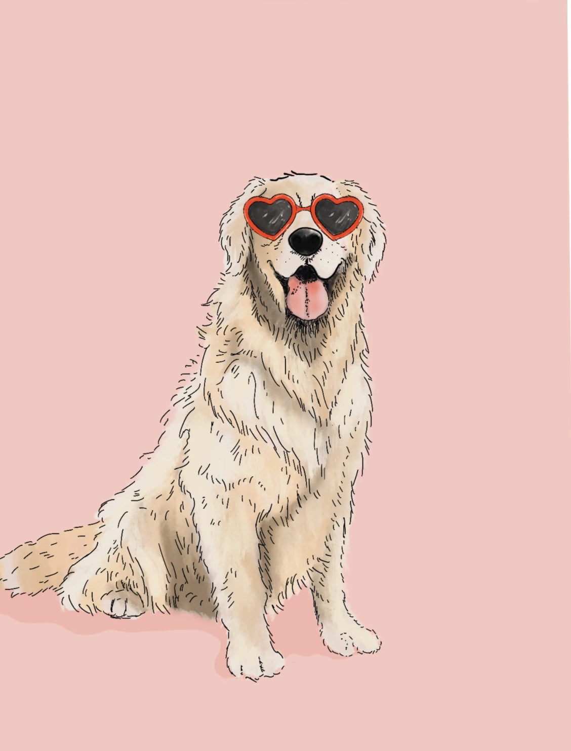 Golden Retriever Pink Heart Eyes Postcard by Ramus & Company featuring an illustration of a dog wearing heart-shaped sunglasses on a pink background
