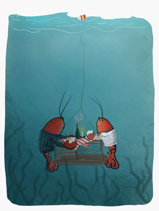 Lobster Date Postcard by Ramus &  Company featuring two lobsters at a table and a bottle of wine.