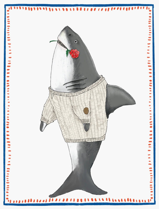 Sharky Love Postcard by Ramus & Company featuring an illustration of a shark wearing a sweater with a rose in it's mouth.