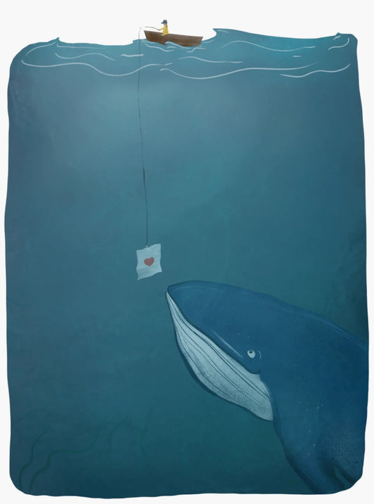 Love Note Whale Postcard by Ramus & Company with a whale and a love note on a fishing line from a boat