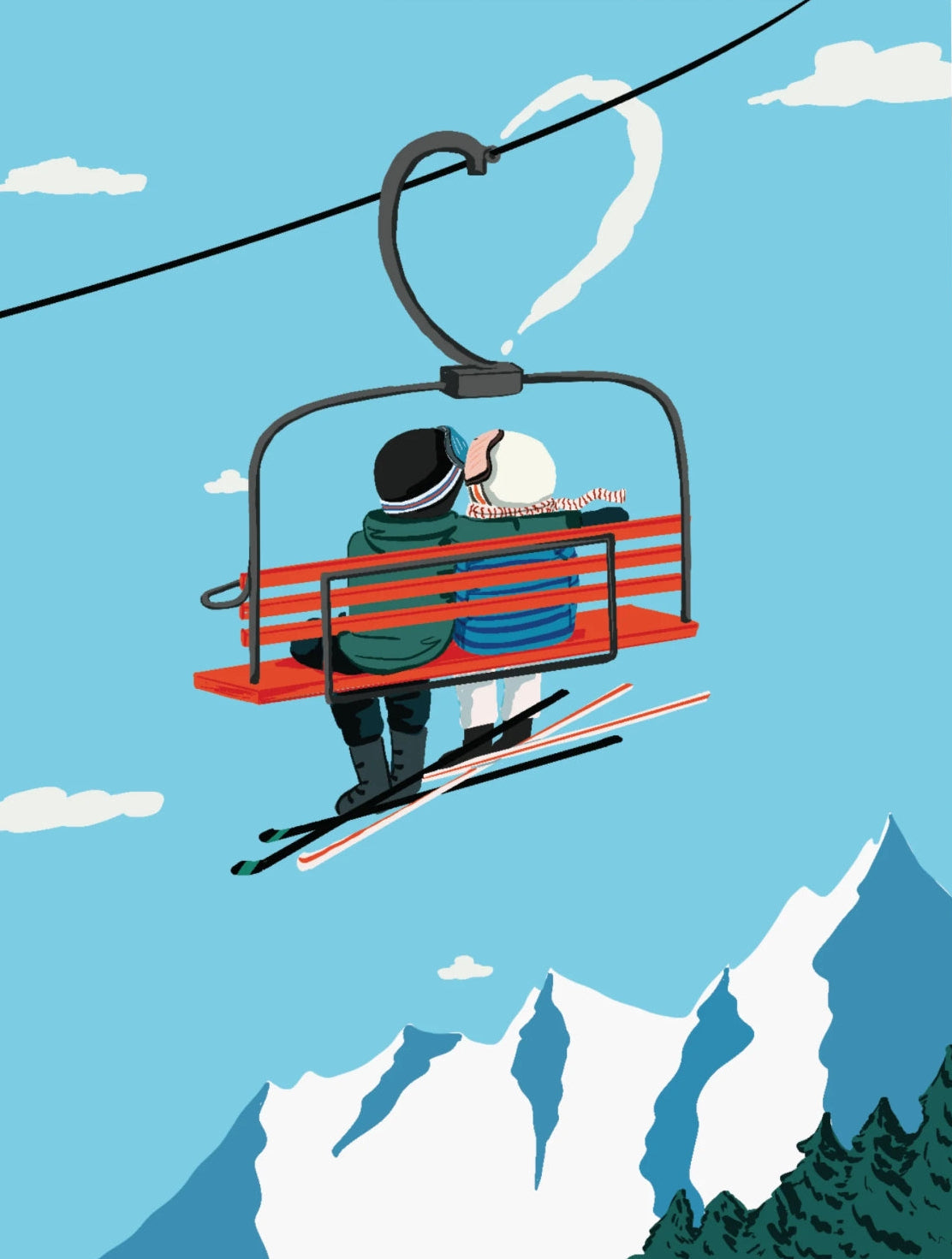Ski Love Postcard by Ramus & Company featuring a couple on a ski lift with snowy mountains