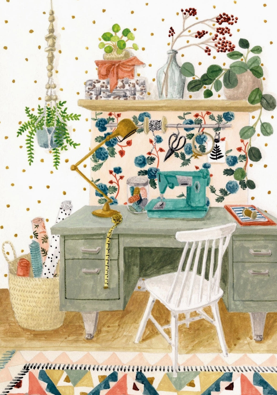 Illustrated postcard by Mélanie Voituriez featuring a cozy sewing workspace with houseplants, sewing machine, and creative tools.