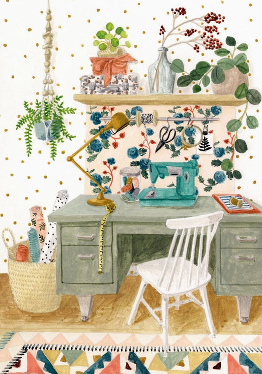 Illustrated postcard by Mélanie Voituriez featuring a cozy sewing workspace with houseplants, sewing machine, and creative tools.