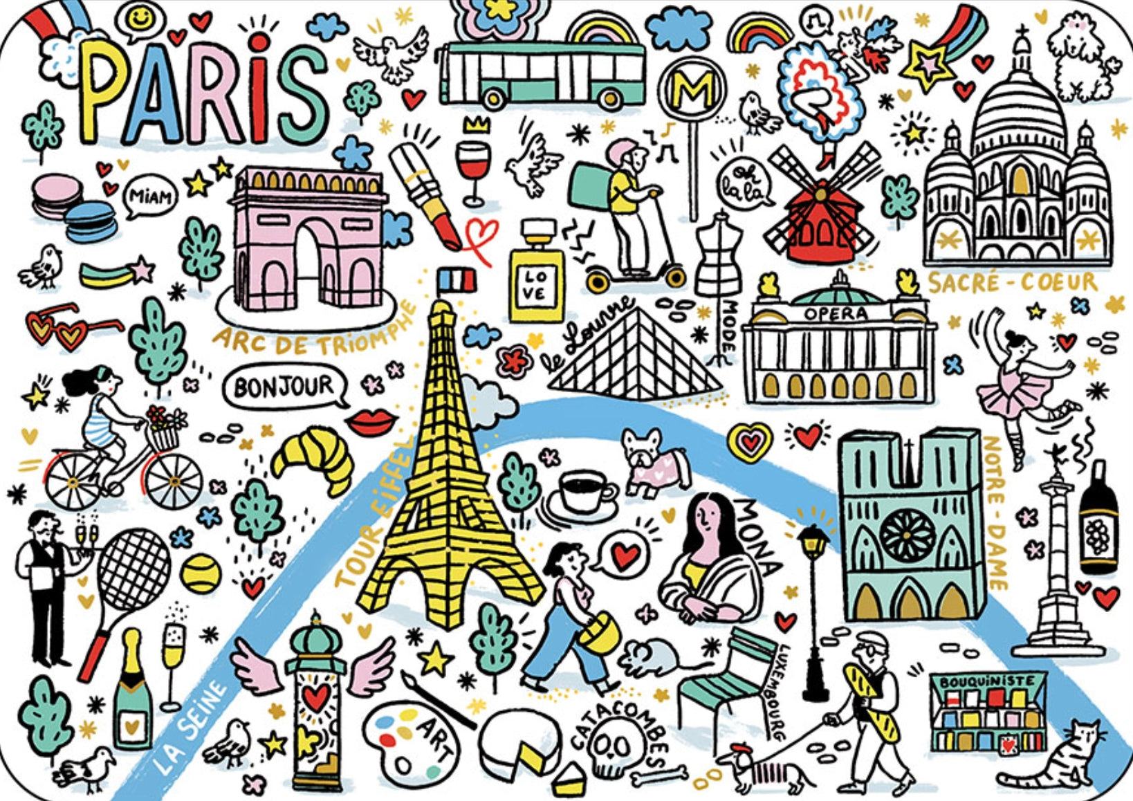 Paris Pop Postcard by Cartes d’Art featuring a colorful illustrated map of Paris with landmarks and icons.