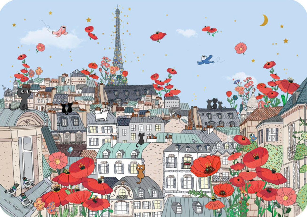 Black Cats and Paris Poppies Postcard by Cartes d'Art with gold foil details