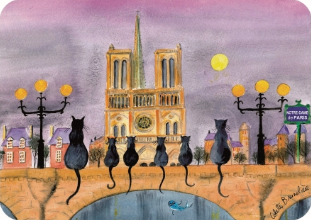 Black Cats of Notre-Dame de Paris Postcard by Cartes d'Art with gold foil accents