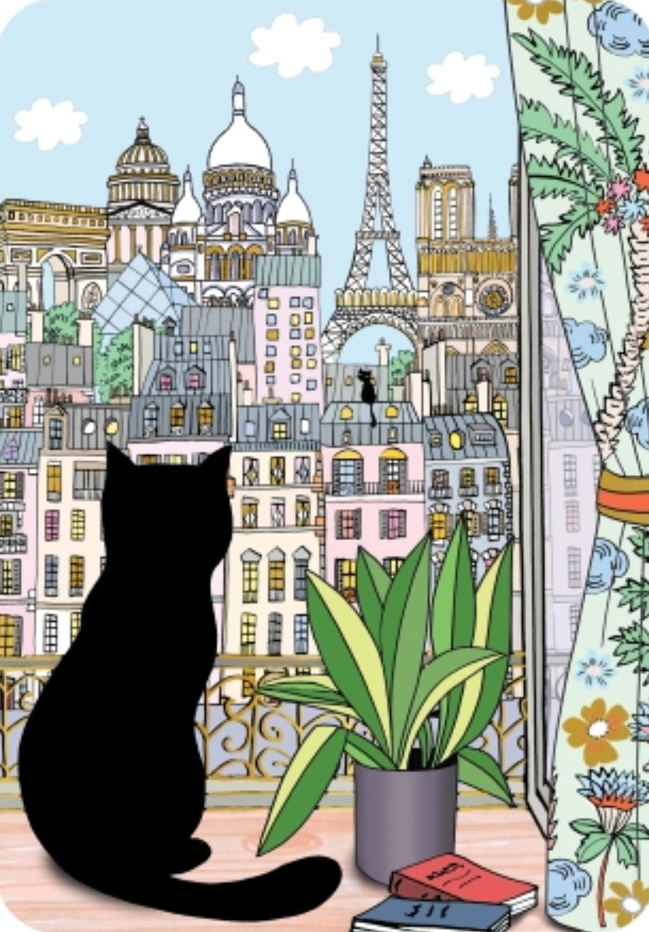 Black Cat & the Paris Window Postcard by Cartes d'Art with gold foil details