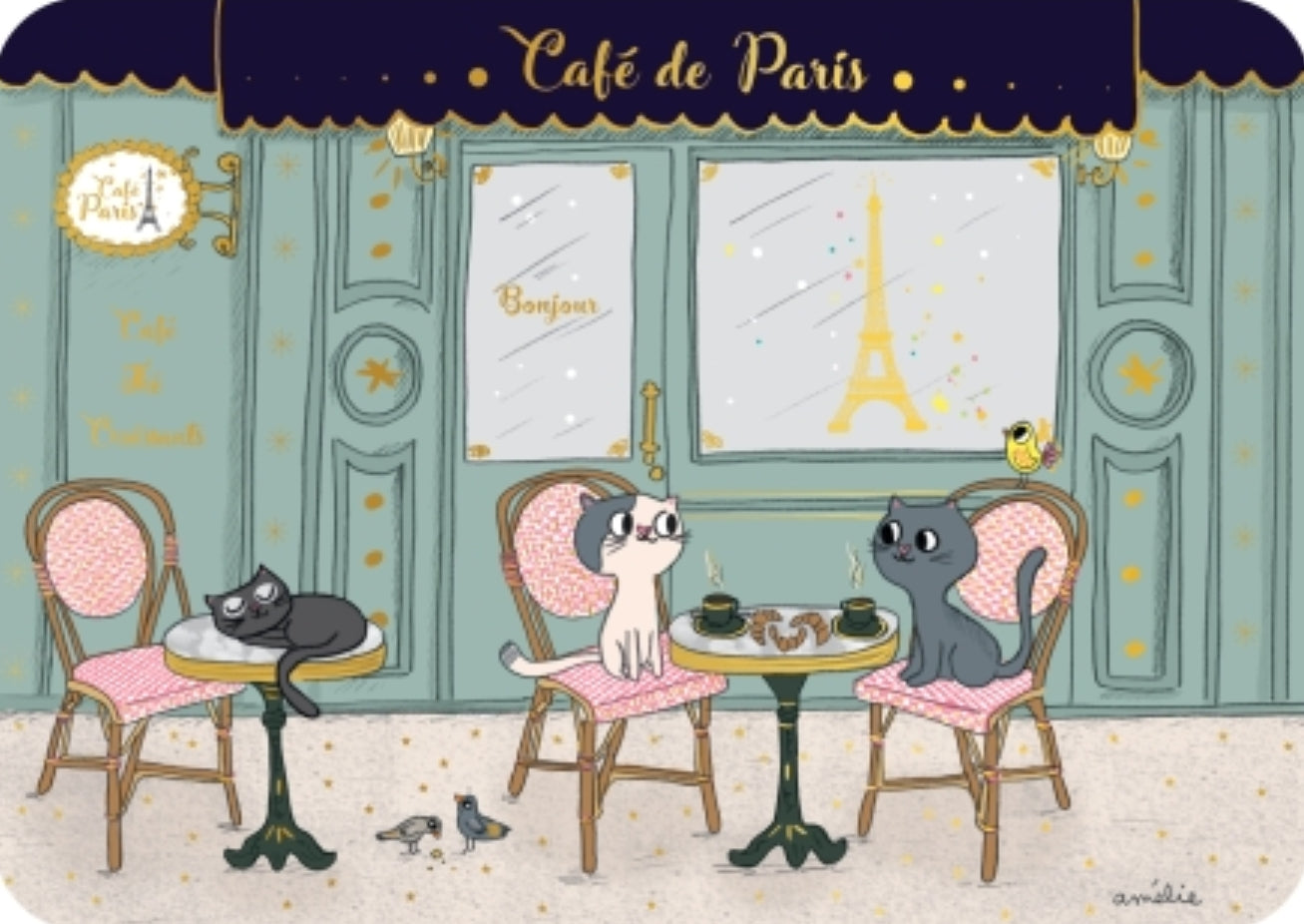 Cafe Cats Postcard by Cartes d'Art with gold foil details