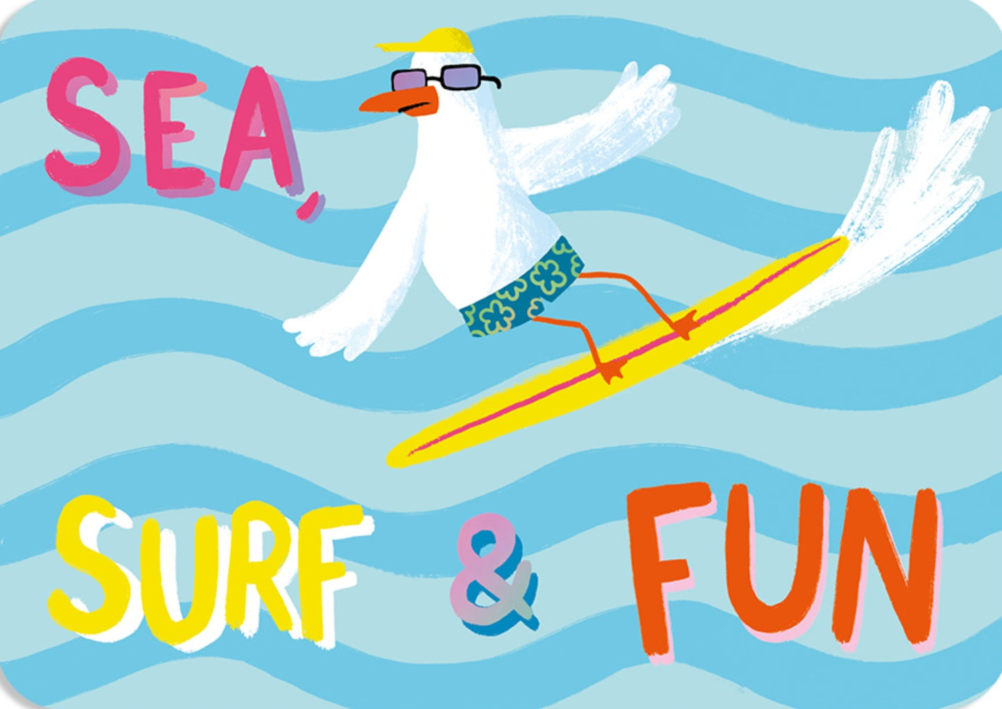 Sea, Surf & Fun Postcard by Cartes d'Art featuring a bird on a surfboard with 'Sea, Surf & Fun' text against a blue wave background