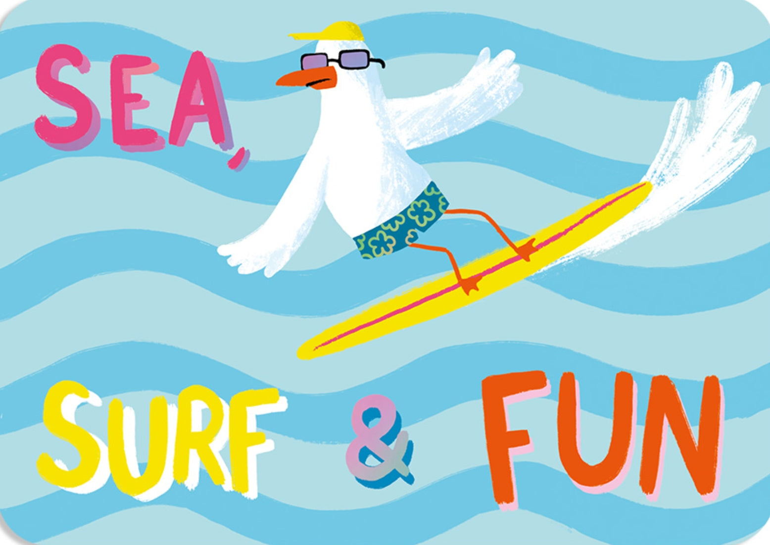 Sea, Surf & Fun Postcard by Cartes d'Art featuring a bird on a surfboard with 'Sea, Surf & Fun' text against a blue wave background