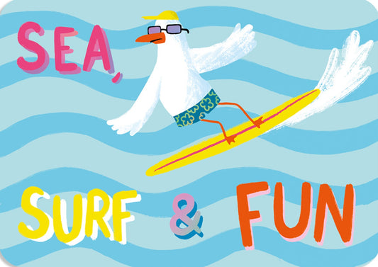 Sea, Surf & Fun Postcard by Cartes d'Art featuring a bird on a surfboard with 'Sea, Surf & Fun' text against a blue wave background