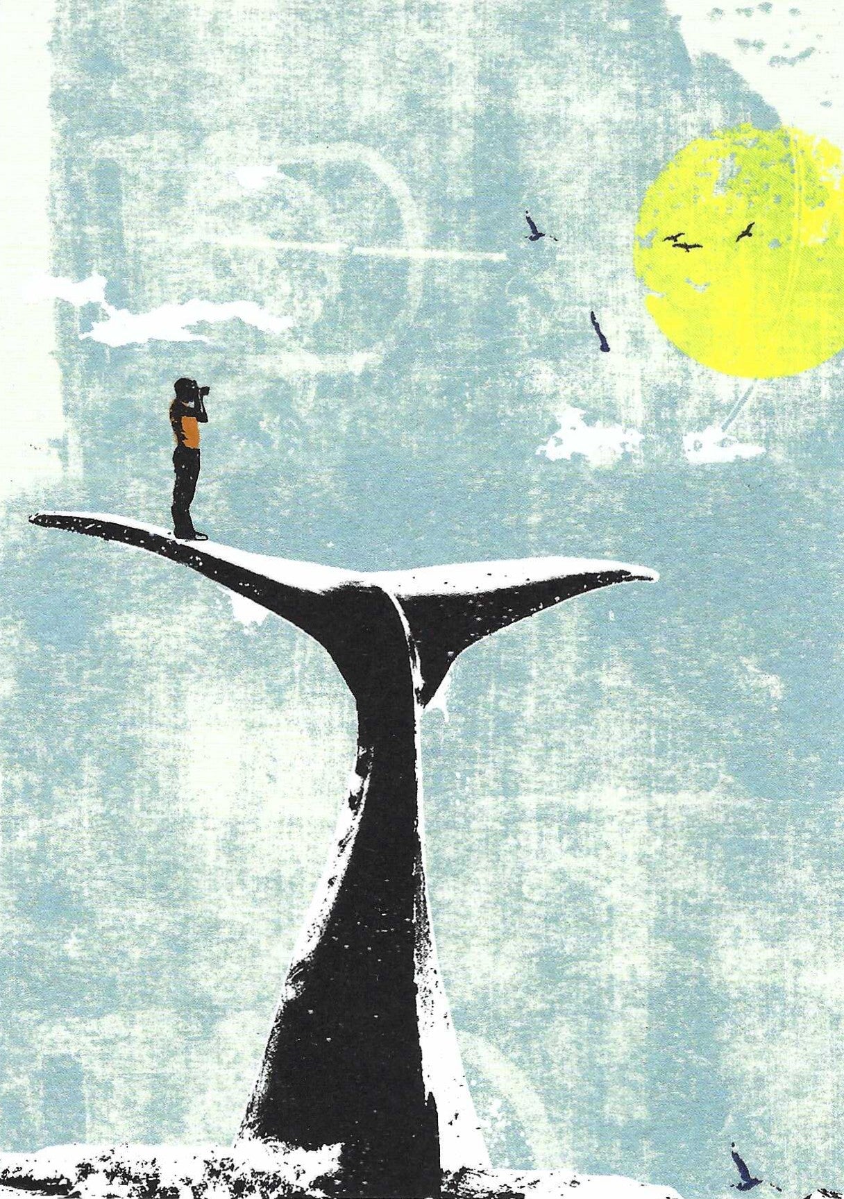Sea View Whale Postcard by Skowronski and Koch featuring a person standing on a whale's tail holding binoculars with a yellow sun and birds in the sky
