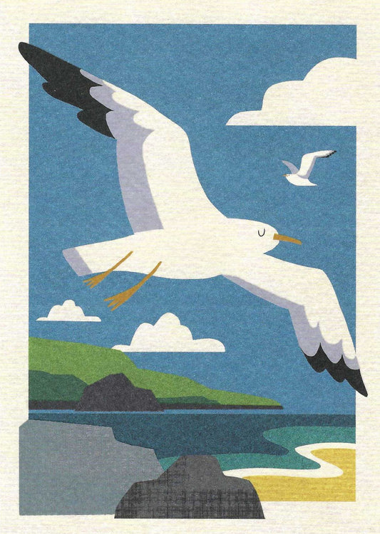 Seagull's Flight Postcard featuring an illustration of a seagull flying over a coastal landscape with rocks and water.