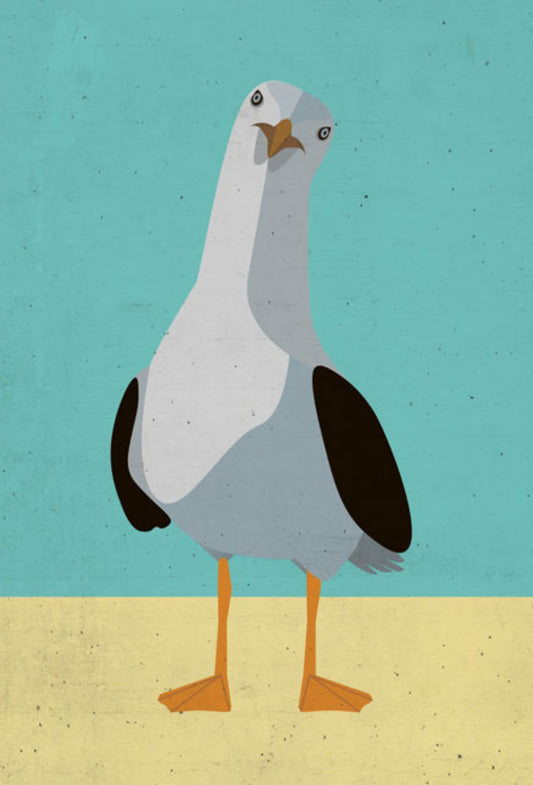 Seagull Postcard illustrated by Daria Ivanova for Nobis Design featuring a seagull on a blue and beige background
