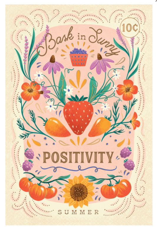 Seasons Mantra - Summer Postcard by Lantern Press featuring an illustrated postcard with the words 'Bask in Sunny POSITIVITY SUMMER' and a '10c' mark. The design features a large strawberry in the center, surrounded by purple flowers, green leaves, and small tomatoes on a warm cream background with decorative dotted line patterns.