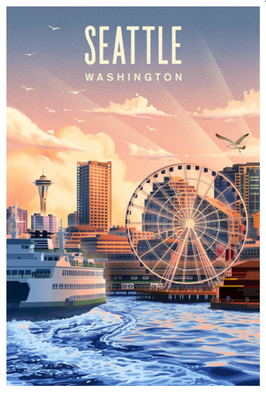 Lantern Press Postcard of Seattle, Washington with Ferris wheel, Space Needle, and ferry.