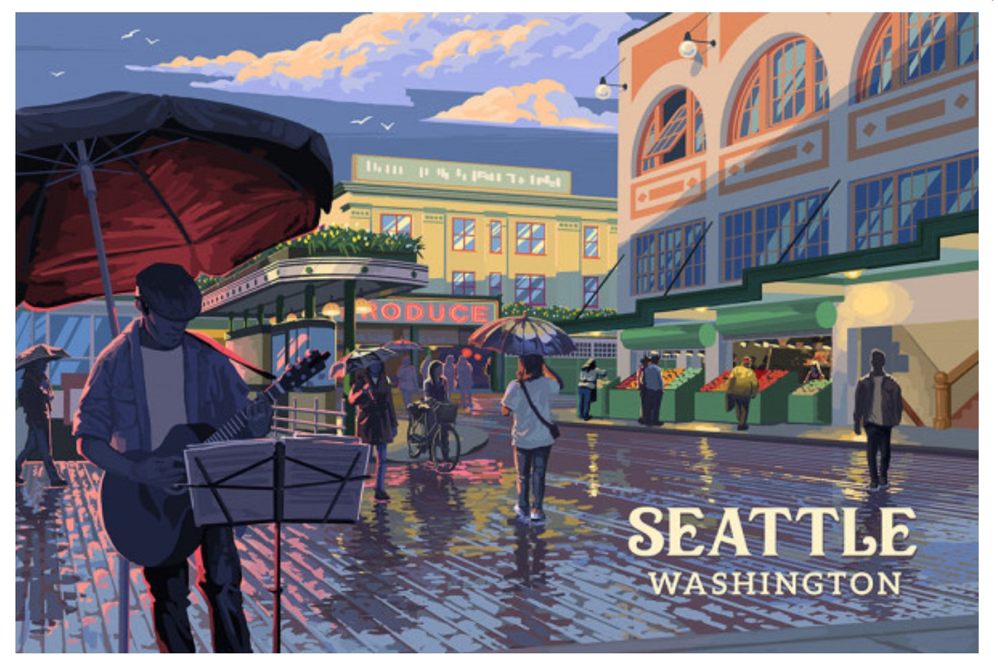 Lantern Press Postcard of Seattle Washington Public Market featuring an iIllustration of a street scene in Seattle with a musician playing guitar.