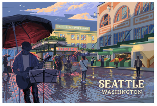 Lantern Press Postcard of Seattle Washington Public Market featuring an iIllustration of a street scene in Seattle with a musician playing guitar.