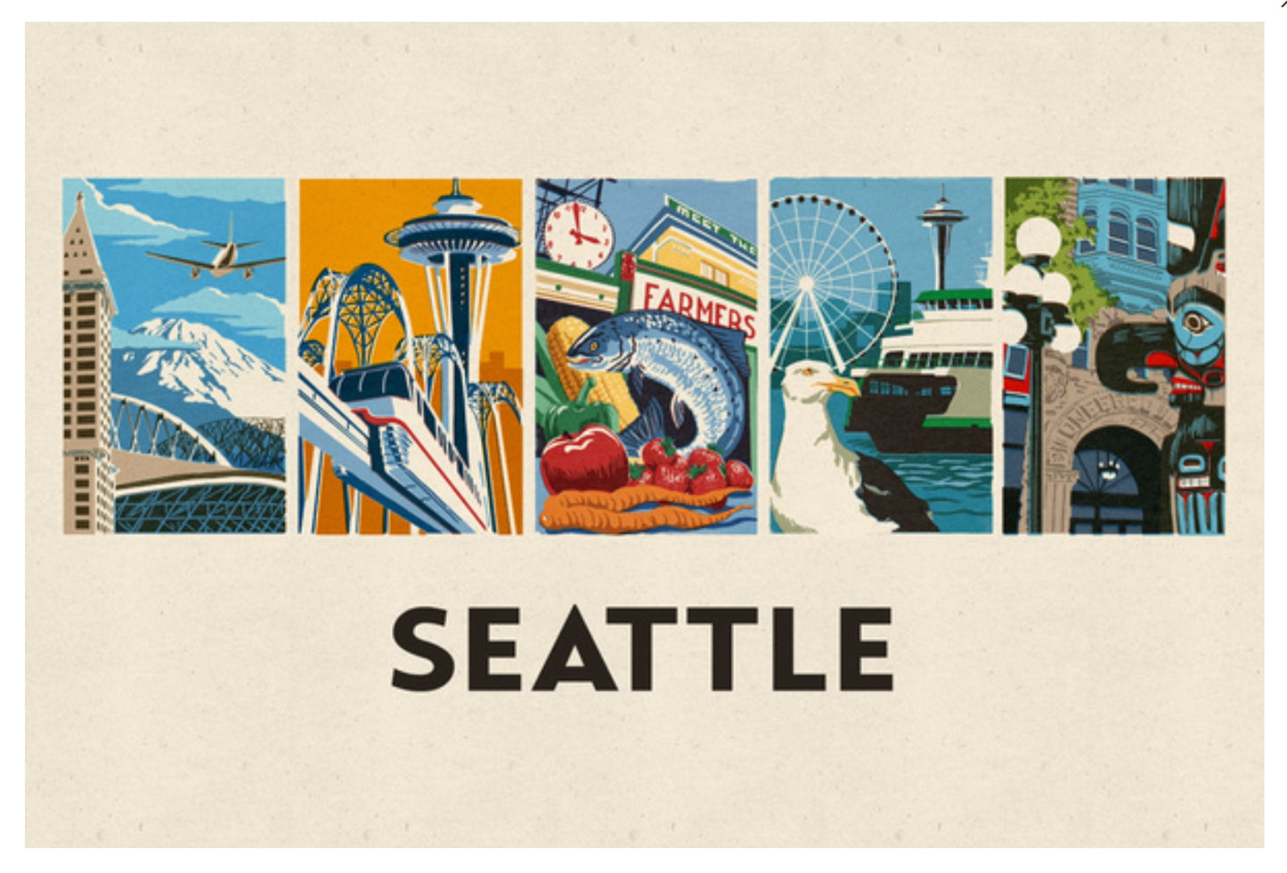 Lantern Press Postcard featuring a collage of Seattle Washington-themed images with 'SEATTLE' text on a beige background