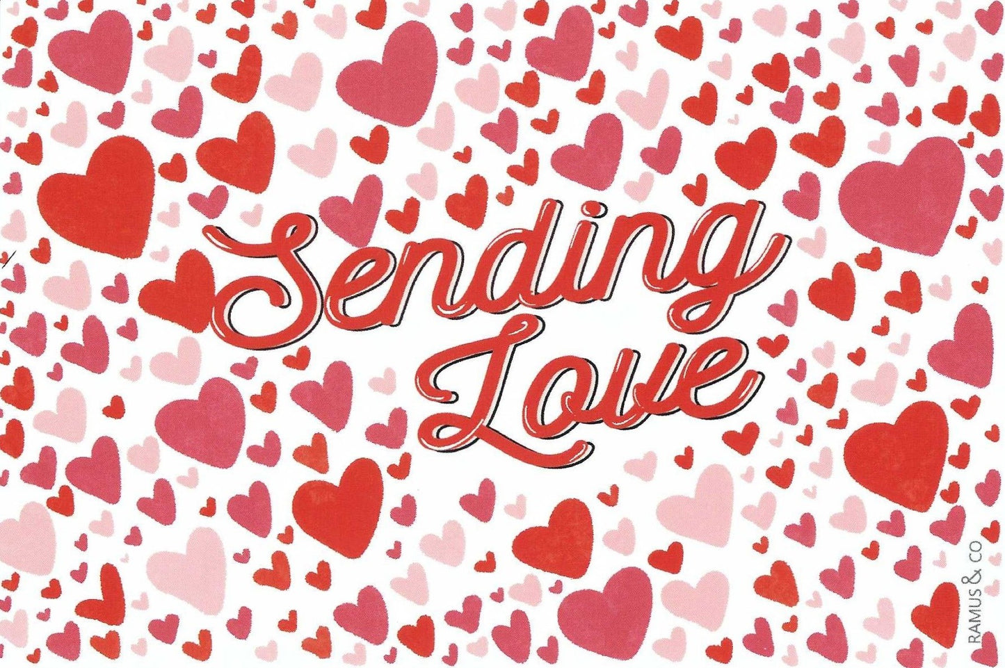 Sending Love Postcard by Ramus & Company featuring a Pattern of red and pink hearts with 'Sending Love' text on a white background