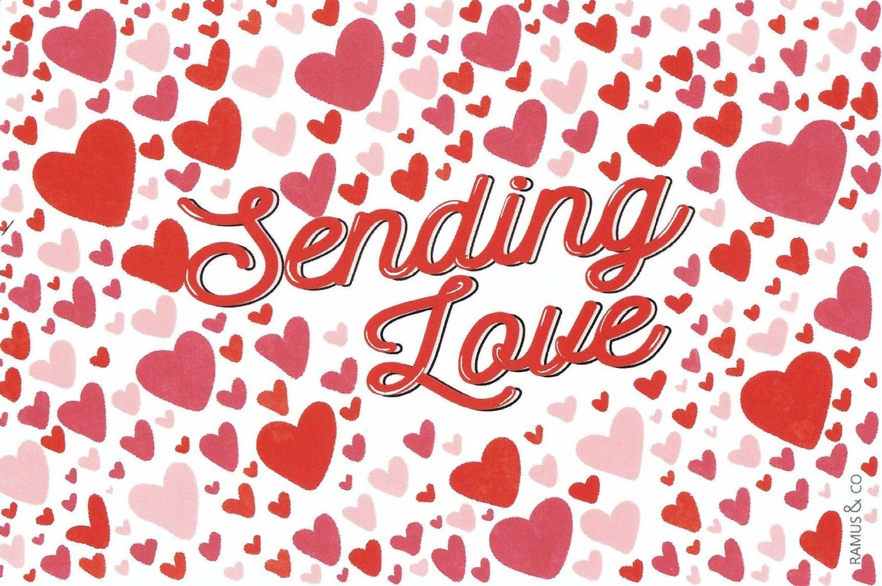 Sending Love Postcard by Ramus & Company featuring a Pattern of red and pink hearts with 'Sending Love' text on a white background