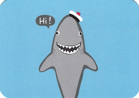 Shark Postcard by Taurus Kunstkarten featuring a shark with a hat and 'Hi!' speech bubble on a blue background