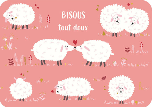 Cartes d'Art postcard featuring white sheep on a pink background with 'Bisous tout doux' text.