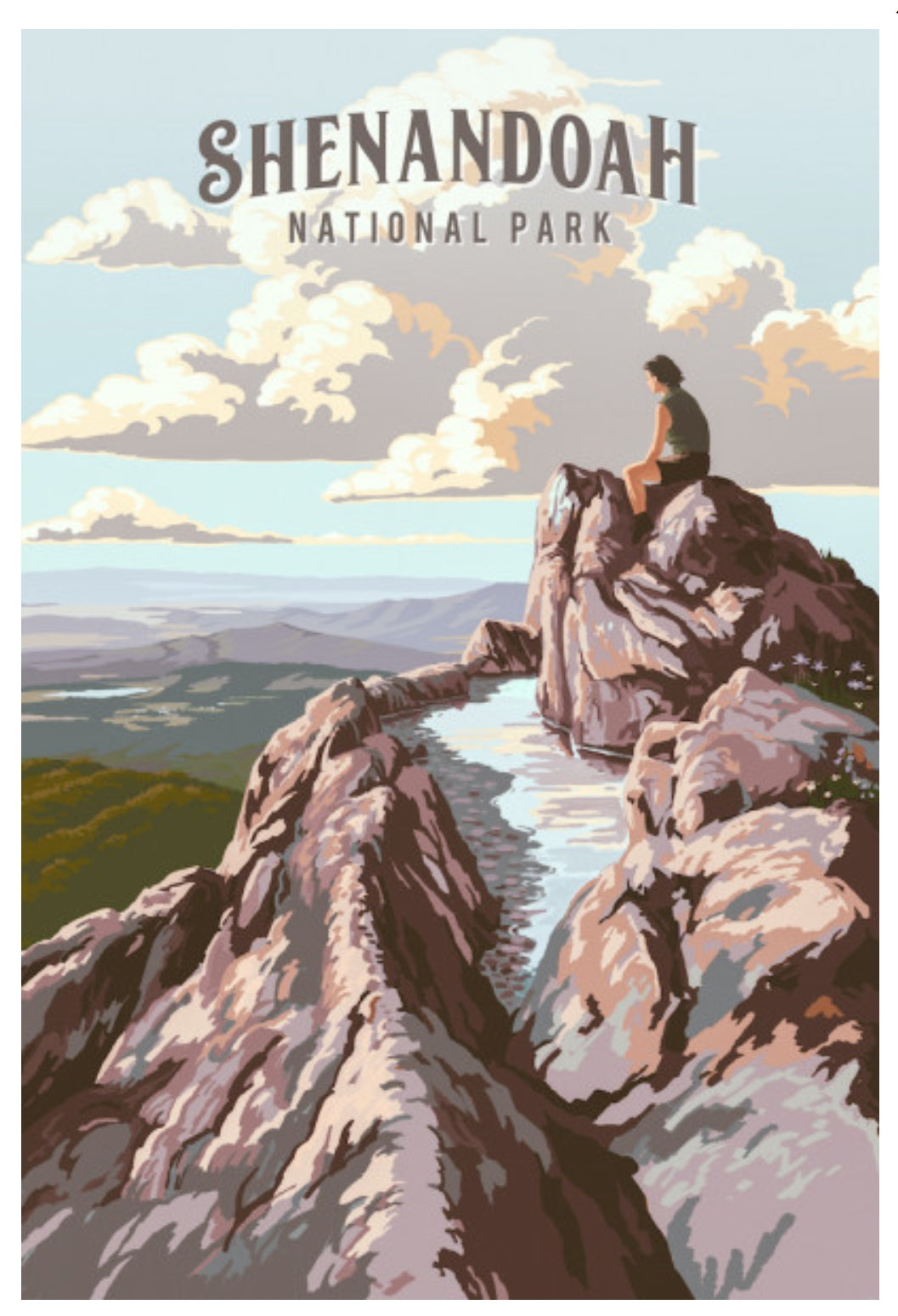 Lantern Press Postcard featuring Shenandoah National Park in Virginia with a person on a rocky outcrop.