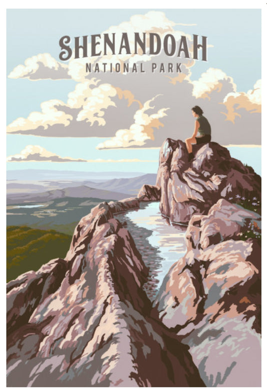 Lantern Press Postcard featuring Shenandoah National Park in Virginia with a person on a rocky outcrop.
